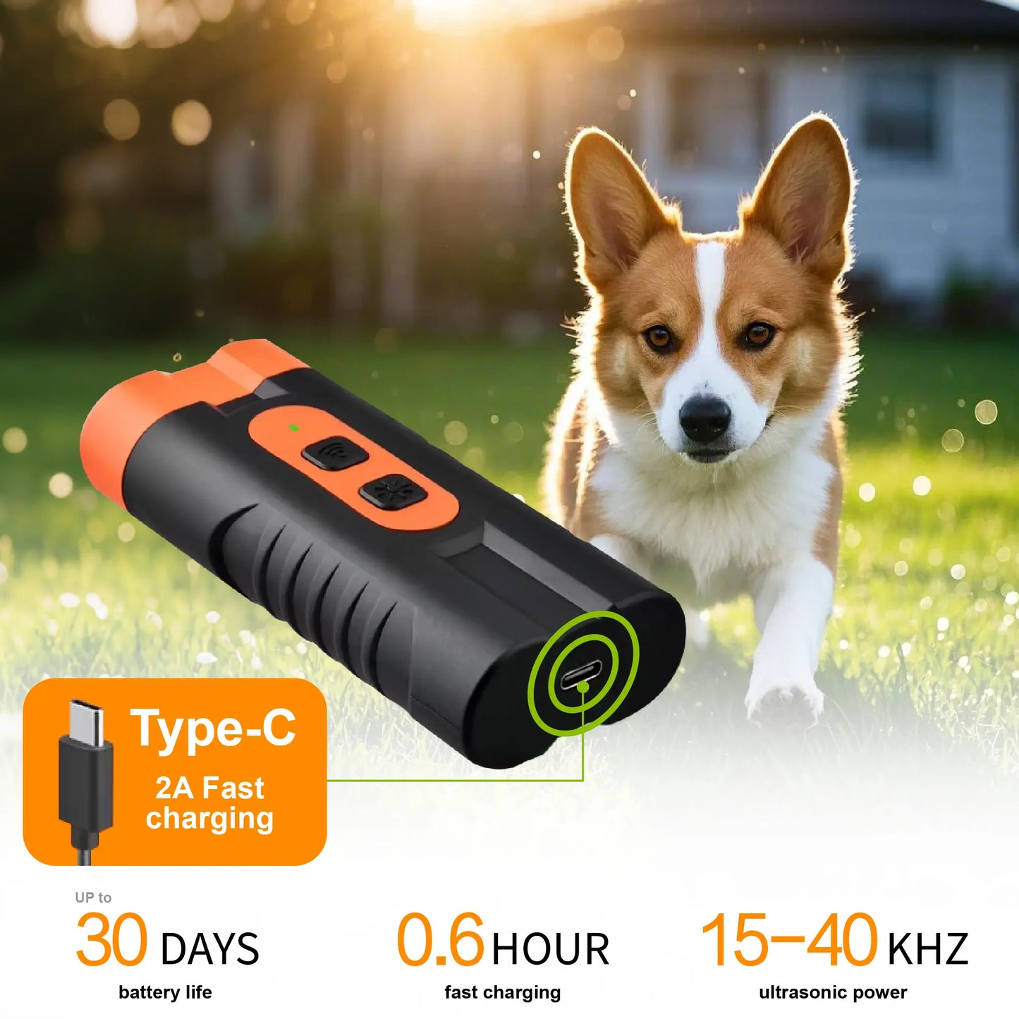 Ultrasonic Dog Bark Deterrent Training Device - Rechargeable, Dual Emitter, 50ft Range, 25kHz Frequency, Integrated Flashlight, Portable Design, Complete Kit for Indoor and Outdoor Canine Behavior Management