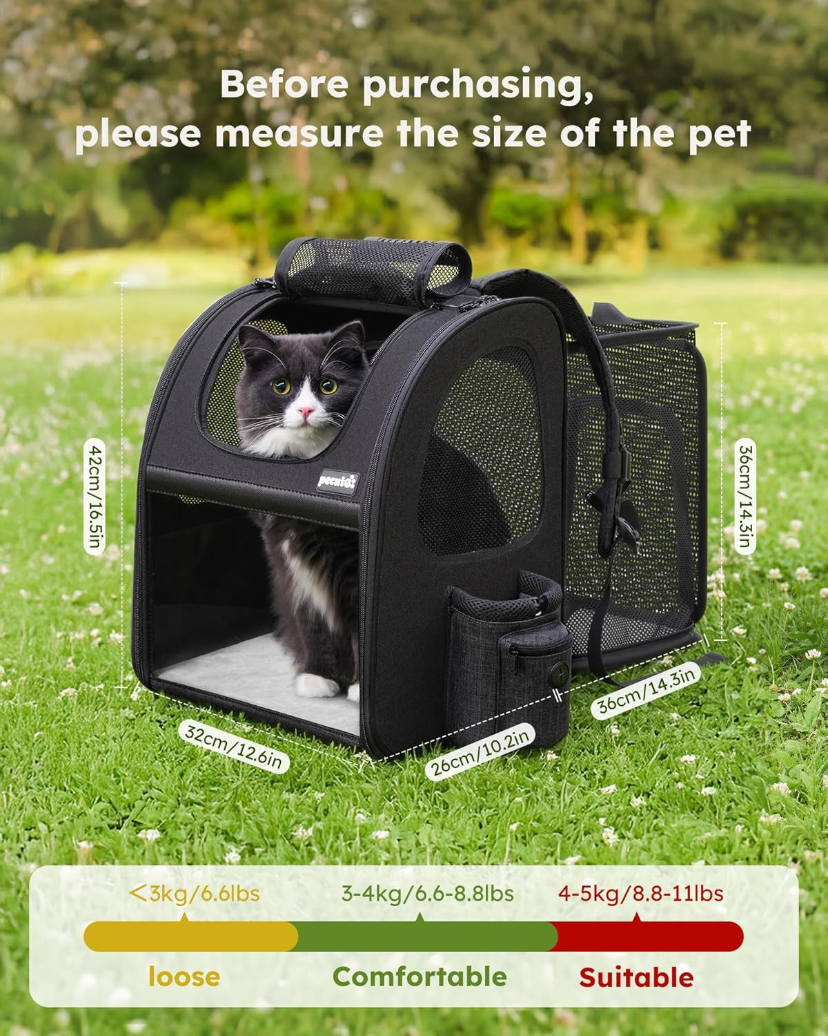 Expandable Pet Carrier Backpack - Portable and Breathable Rucksack with Mesh Opening, Visible Acrylic, Safety Belt, and Pockets for Enhanced Comfort and Space for Puppies and Cats (Black)