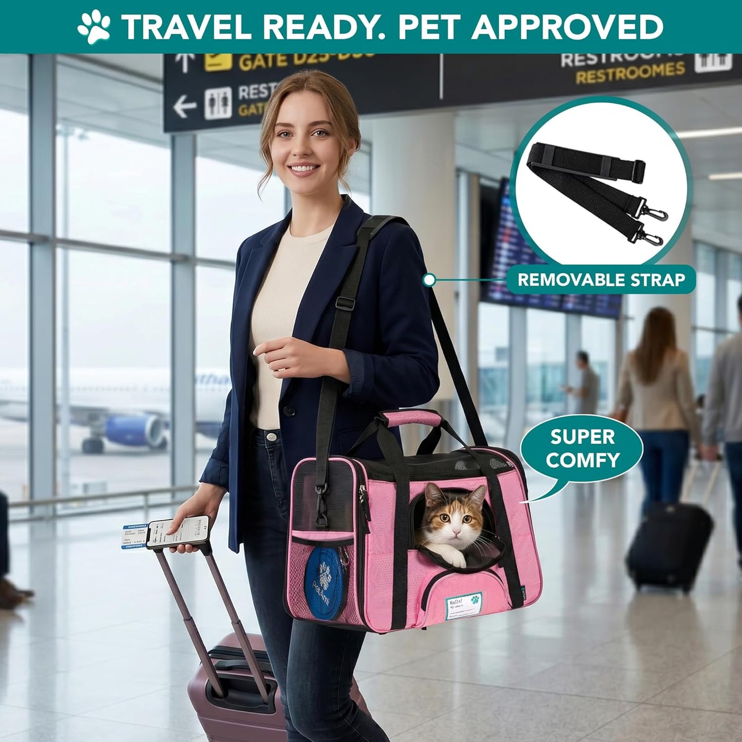 Airline-Approved Soft-Sided Pet Carrier for Cats and Small Dogs, Ventilated Travel Bag for Indoor Cats and Puppies, Large Pink Design