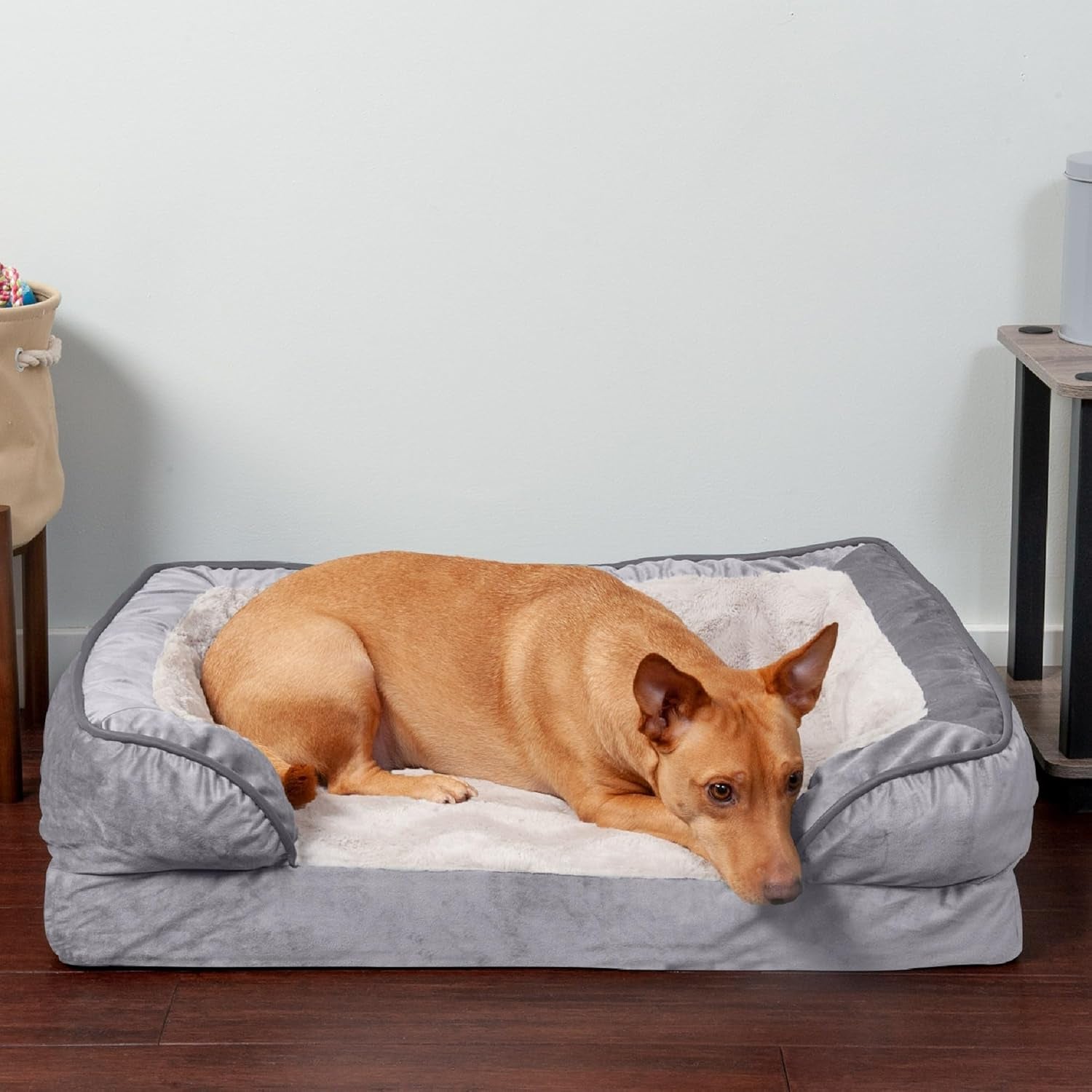 Orthopedic Dog Bed for Small to Medium Breeds with Removable Bolsters and Washable Cover, Ideal for Dogs up to 35 lbs - Plush Velvet Comfort Sofa in Granite Gray, Medium Size