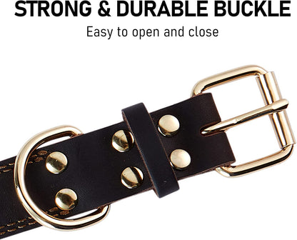 Heavy-Duty Leather Dog Collar for Small to Extra Large Dogs - 1" Wide, Dual Stitch Design, Brown (Medium: 15.2"-19.2" Neck Size)