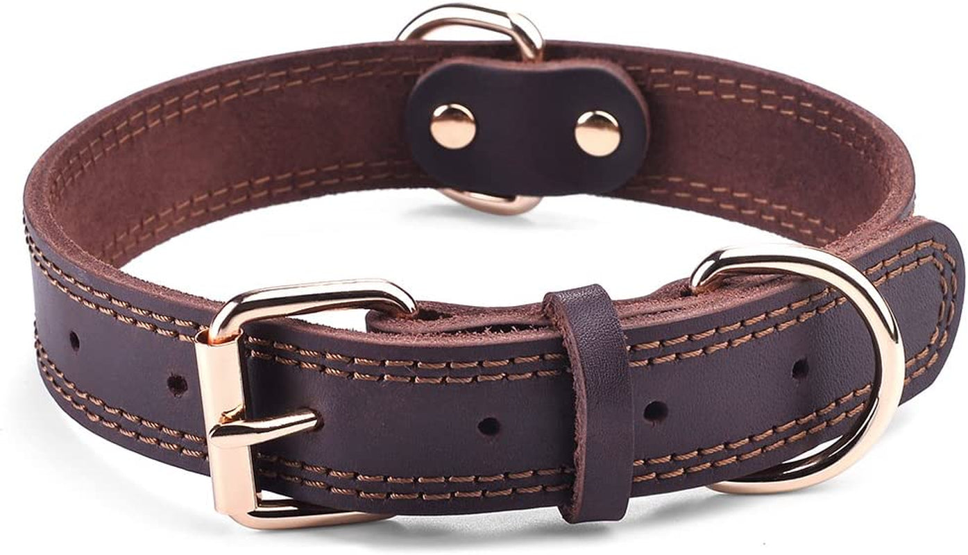 Heavy-Duty Leather Dog Collar for Small to Extra Large Dogs - 1" Wide, Dual Stitch Design, Brown (Medium: 15.2"-19.2" Neck Size)
