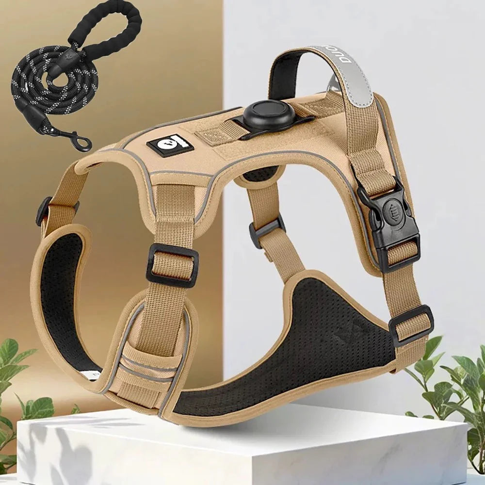 Premium Oxford Dog Harness and Leash Set with Airtag Holder - Breathable, Durable, and Reflective (Medium)