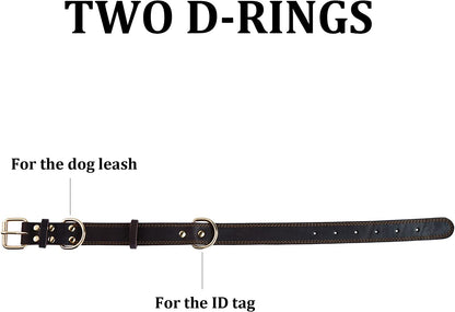 Heavy-Duty Leather Dog Collar for Small to Extra Large Dogs - 1" Wide, Dual Stitch Design, Brown (Medium: 15.2"-19.2" Neck Size)