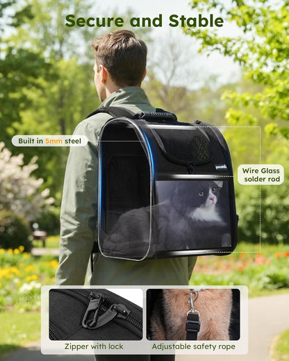 Expandable Pet Carrier Backpack - Portable and Breathable Rucksack with Mesh Opening, Visible Acrylic, Safety Belt, and Pockets for Enhanced Comfort and Space for Puppies and Cats (Black)