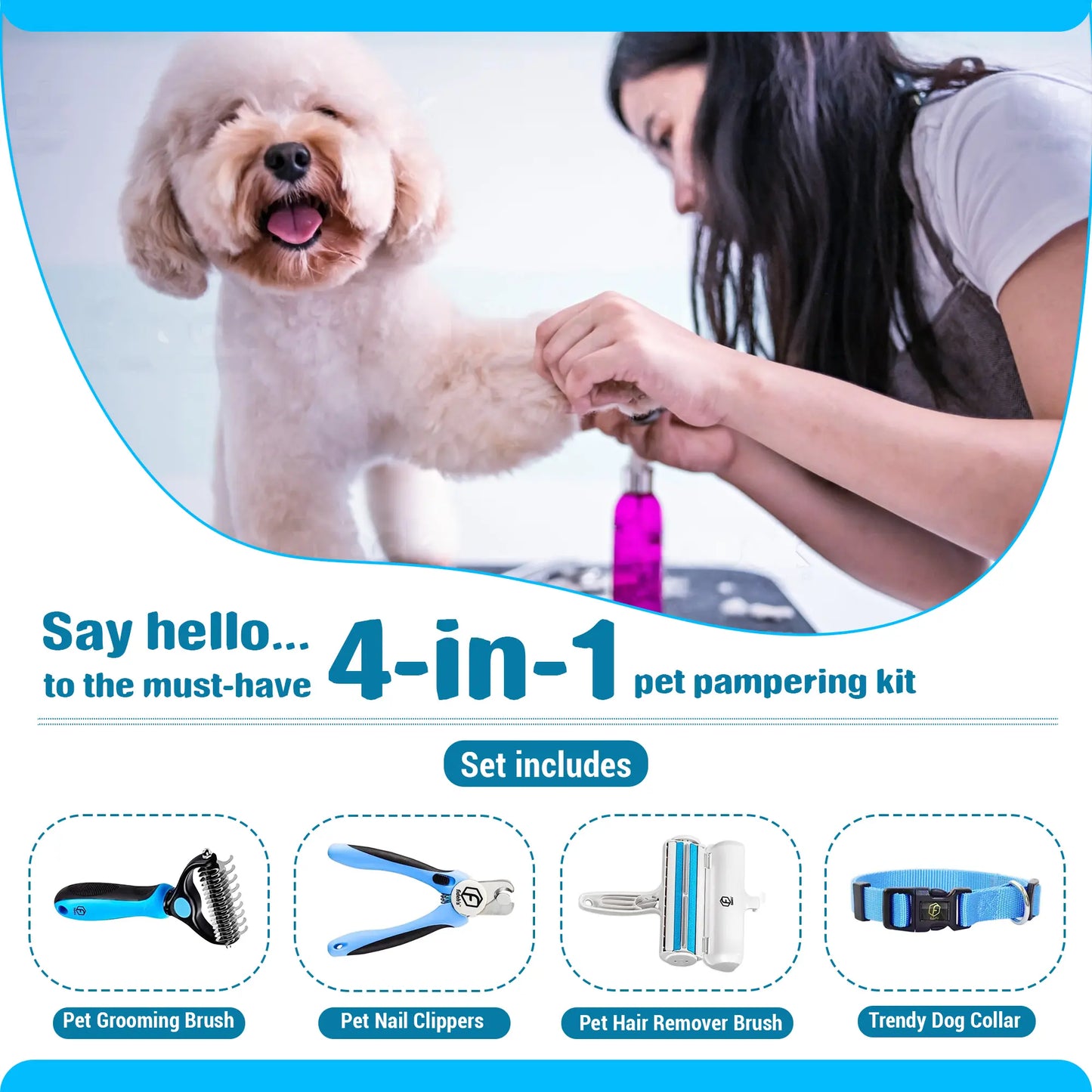 FIDEH 4-in-1 Pet Care Set: Reusable Cat and Dog Hair Remover Brush, Double-Sided Shedding Brush, Nail Clippers and Trimmers, and Nylon Collar for Medium Dogs (4 Pieces, Pink)