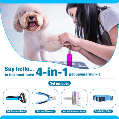 FIDEH 4-in-1 Pet Care Set: Reusable Cat and Dog Hair Remover Brush, Double-Sided Shedding Brush, Nail Clippers and Trimmers, and Nylon Collar for Medium Dogs (4 Pieces, Pink)