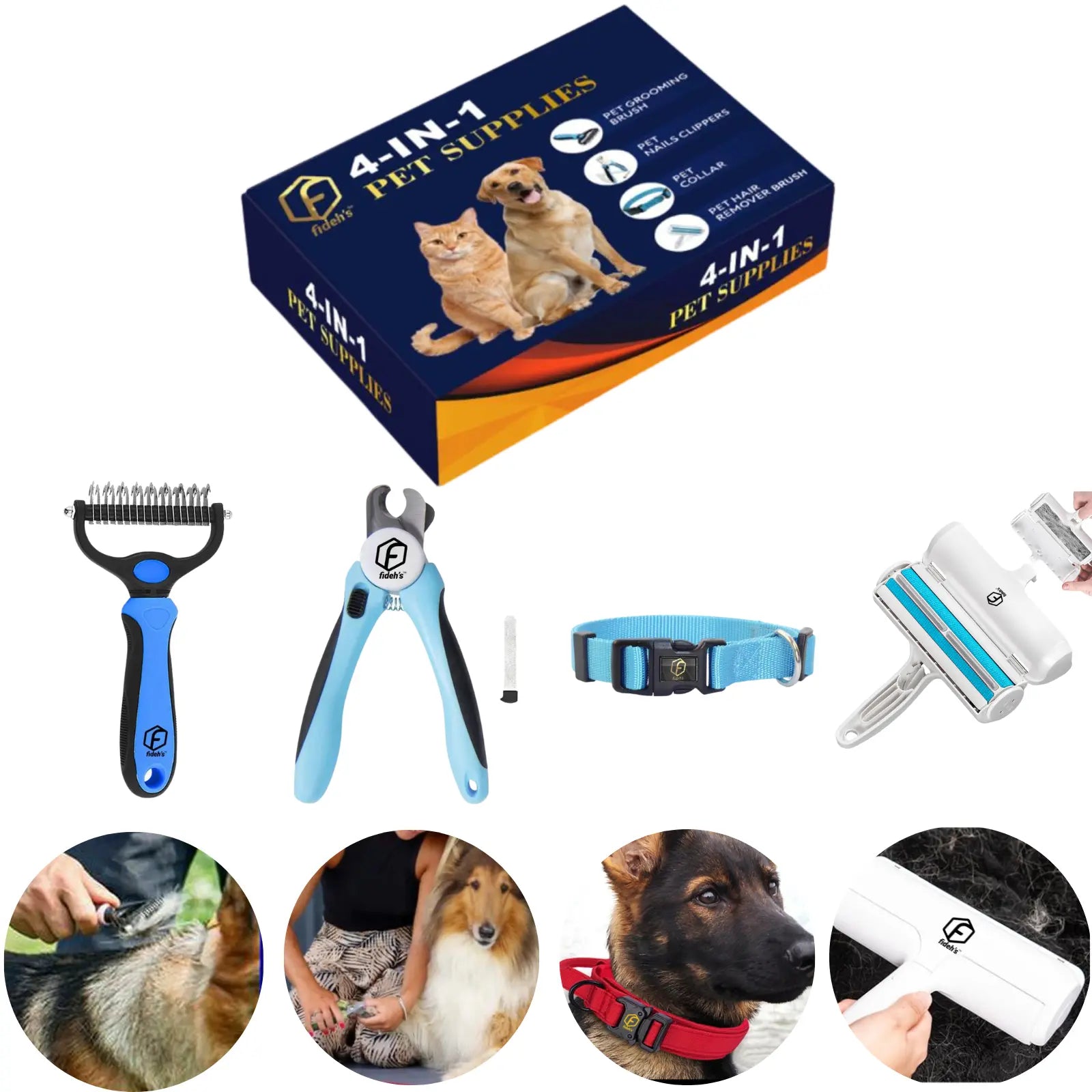 FIDEH 4-in-1 Pet Care Set: Reusable Cat and Dog Hair Remover Brush, Double-Sided Shedding Brush, Nail Clippers and Trimmers, and Nylon Collar for Medium Dogs (4 Pieces, Pink)