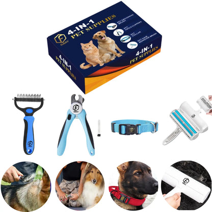 FIDEH 4-in-1 Pet Care Set: Reusable Cat and Dog Hair Remover Brush, Double-Sided Shedding Brush, Nail Clippers and Trimmers, and Nylon Collar for Medium Dogs (4 Pieces, Pink)