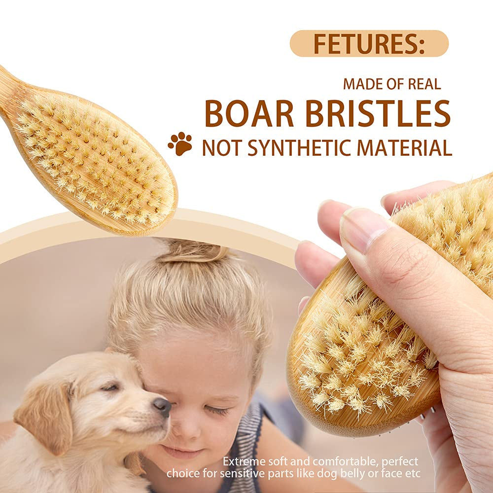Double-Sided Bristle and Pin Pet Grooming Brush Set for Dogs and Cats, Featuring Real Boar Bristles and Bamboo Handle, Suitable for Long and Short Hair, 2-Pack