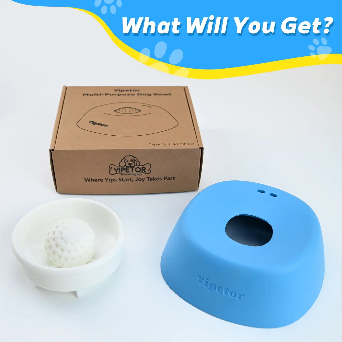 Yipetor Slow Feeder Dog Bowl with Built-In Rolling Ball for Liquid Treats - No Spill Bone Broth and Multi-Purpose Puppy Yogurt Feeder for All Breeds Dietary Supplement and Post-Op Nutrition
