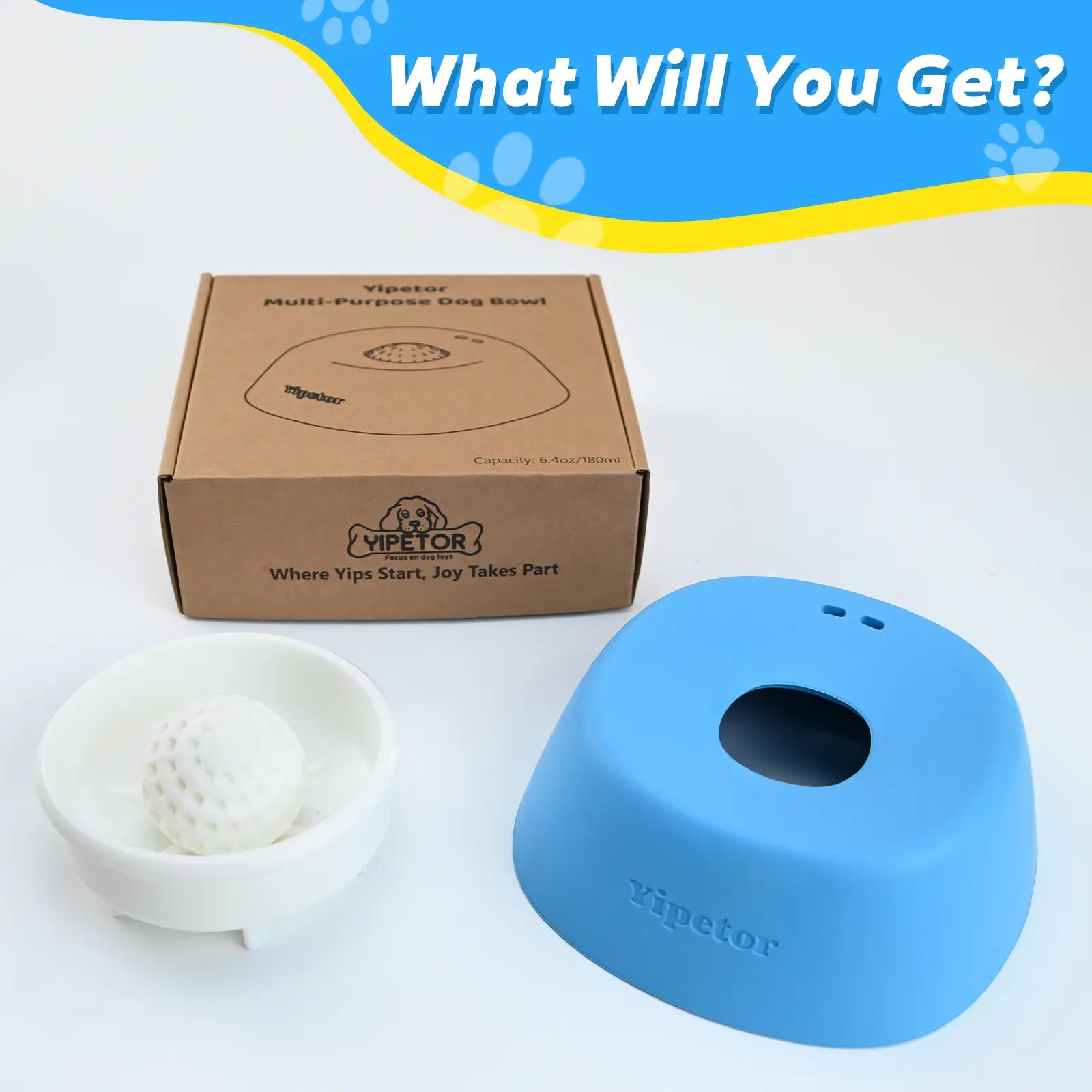 Yipetor Slow Feeder Dog Bowl with Built-In Rolling Ball for Liquid Treats - No Spill Bone Broth and Multi-Purpose Puppy Yogurt Feeder for All Breeds Dietary Supplement and Post-Op Nutrition