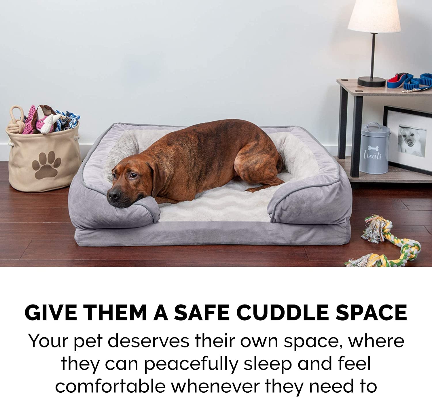 Orthopedic Dog Bed for Small to Medium Breeds with Removable Bolsters and Washable Cover, Ideal for Dogs up to 35 lbs - Plush Velvet Comfort Sofa in Granite Gray, Medium Size