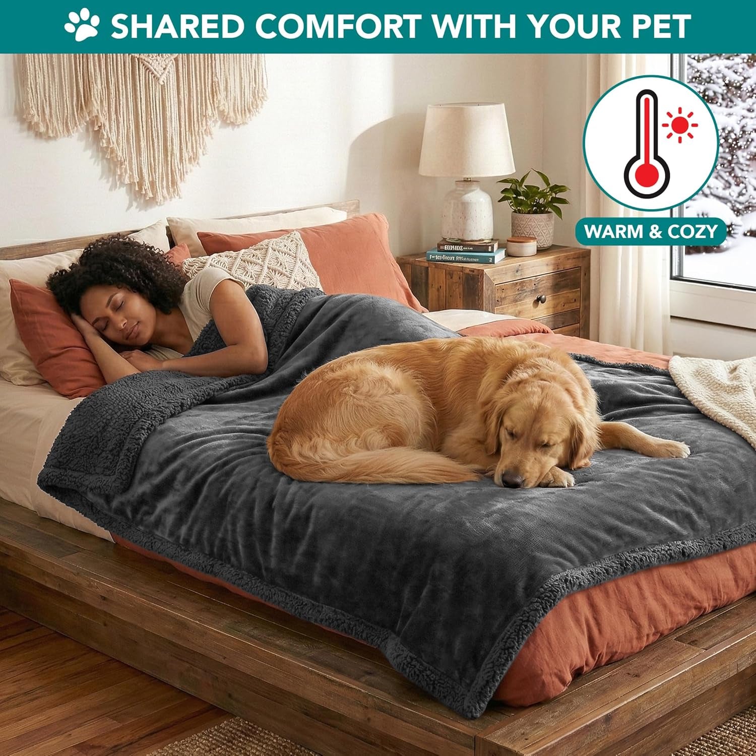 Extra Large Dog Blanket for Beds, Plush Reversible Fleece and Sherpa Furniture Protector for Large Dogs, Washable Twin Size 60x80 in Solid Dark Gray