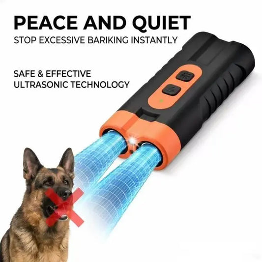 Ultrasonic Dog Bark Deterrent Training Device - Rechargeable, Dual Emitter, 50ft Range, 25kHz Frequency, Integrated Flashlight, Portable Design, Complete Kit for Indoor and Outdoor Canine Behavior Management