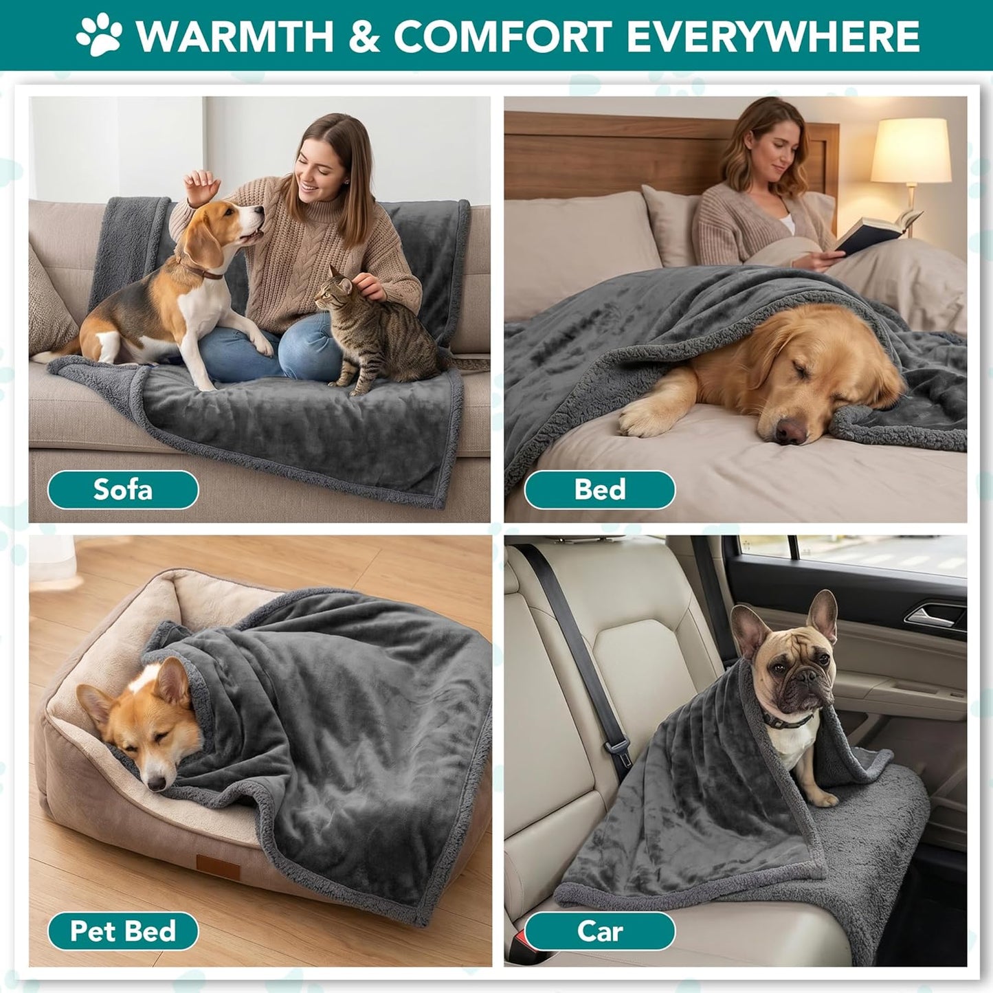 Extra Large Dog Blanket for Beds, Plush Reversible Fleece and Sherpa Furniture Protector for Large Dogs, Washable Twin Size 60x80 in Solid Dark Gray