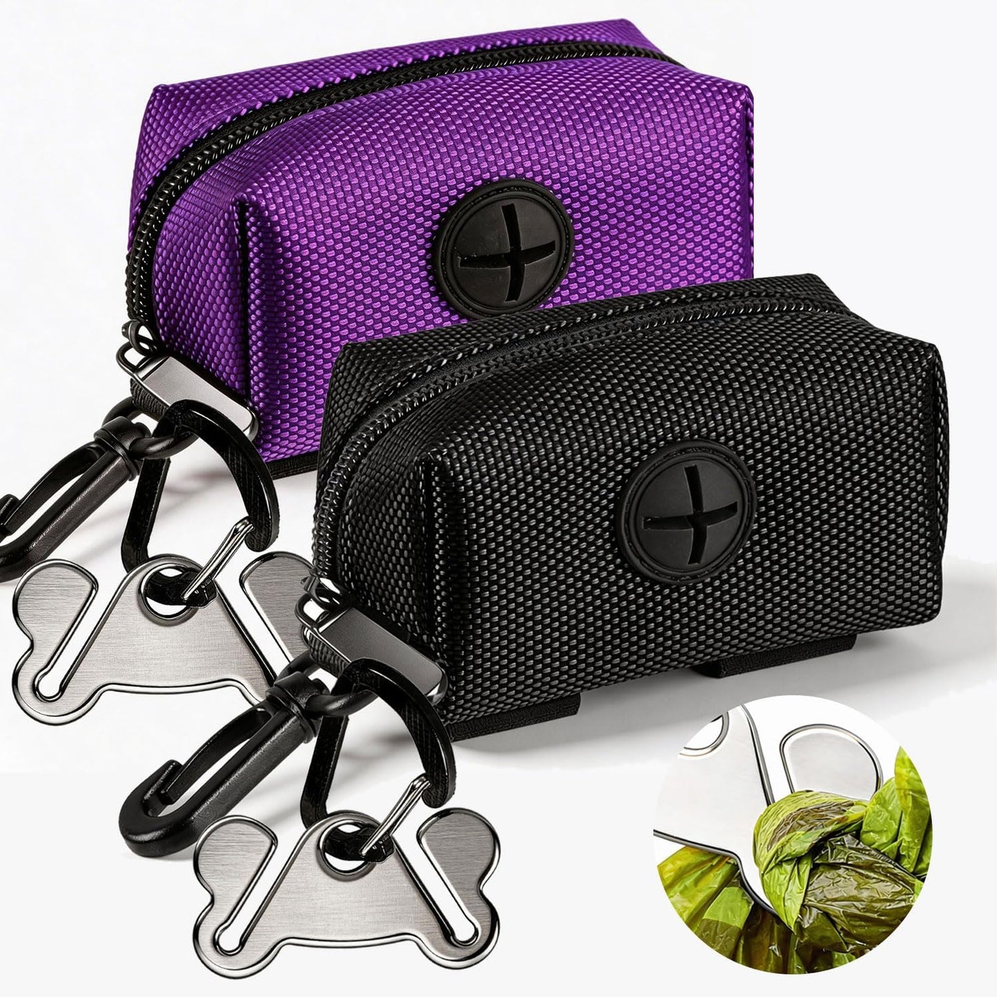 Pet Waste Bag Dispenser - Soft Fabric Zippered Holder for Dog Waste Bags with Leash Attachment - 2-Pack in Purple and Black