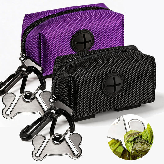 Pet Waste Bag Dispenser - Soft Fabric Zippered Holder for Dog Waste Bags with Leash Attachment - 2-Pack in Purple and Black