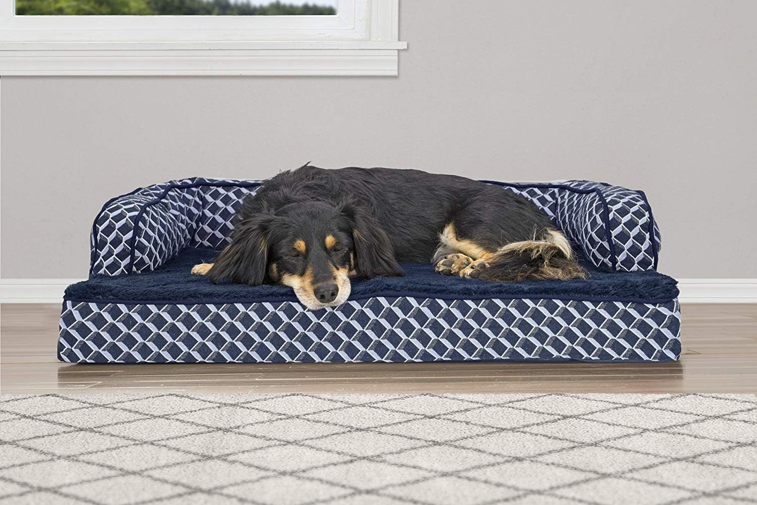 Orthopedic Dog Bed for Medium and Small Breeds with Removable Bolsters and Washable Cover - Suitable for Dogs up to 35 lbs - Plush Woven Couch Sofa in Diamond Blue, Medium Size