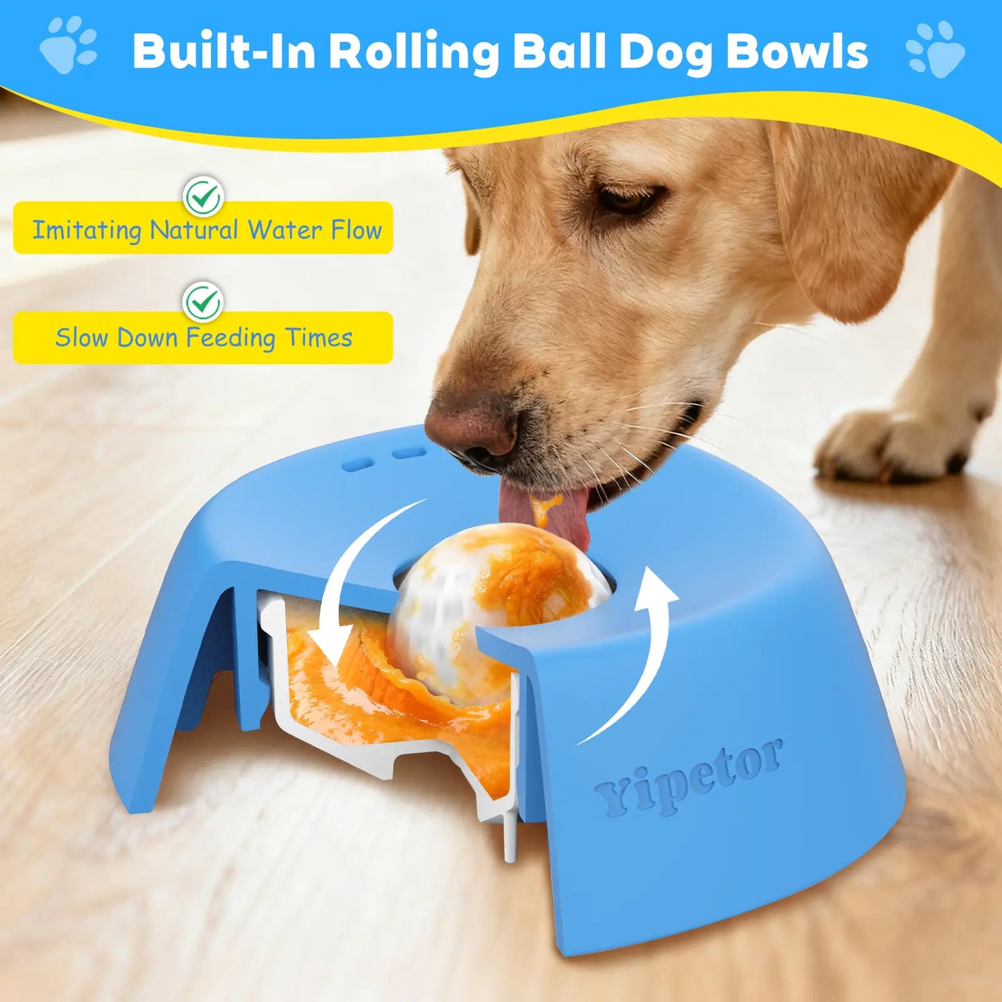 Yipetor Slow Feeder Dog Bowl with Built-In Rolling Ball for Liquid Treats - No Spill Bone Broth and Multi-Purpose Puppy Yogurt Feeder for All Breeds Dietary Supplement and Post-Op Nutrition
