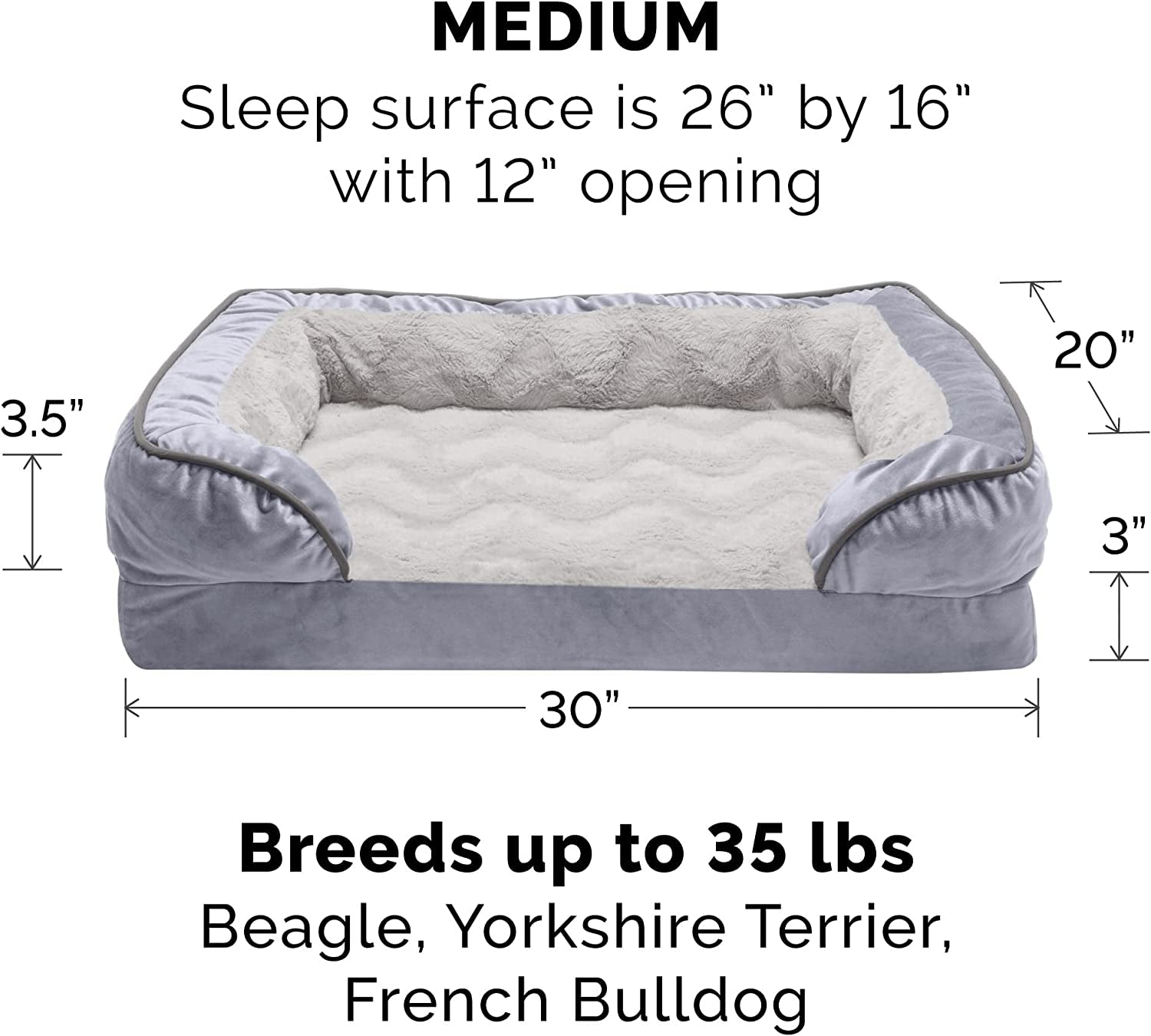 Orthopedic Dog Bed for Small to Medium Breeds with Removable Bolsters and Washable Cover, Ideal for Dogs up to 35 lbs - Plush Velvet Comfort Sofa in Granite Gray, Medium Size