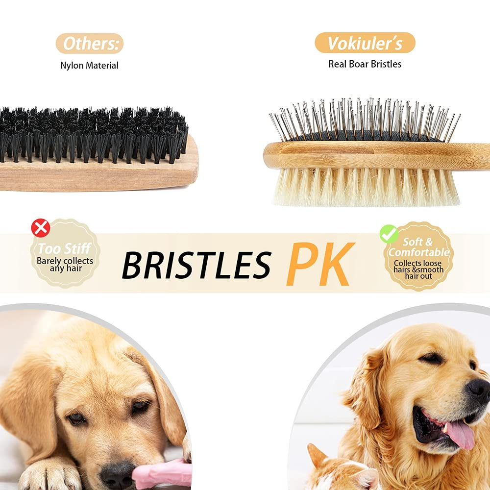 Double-Sided Bristle and Pin Pet Grooming Brush Set for Dogs and Cats, Featuring Real Boar Bristles and Bamboo Handle, Suitable for Long and Short Hair, 2-Pack