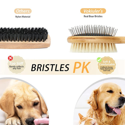 Double-Sided Bristle and Pin Pet Grooming Brush Set for Dogs and Cats, Featuring Real Boar Bristles and Bamboo Handle, Suitable for Long and Short Hair, 2-Pack