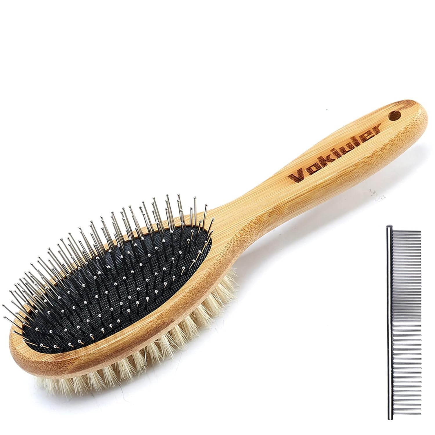 Double-Sided Bristle and Pin Pet Grooming Brush Set for Dogs and Cats, Featuring Real Boar Bristles and Bamboo Handle, Suitable for Long and Short Hair, 2-Pack