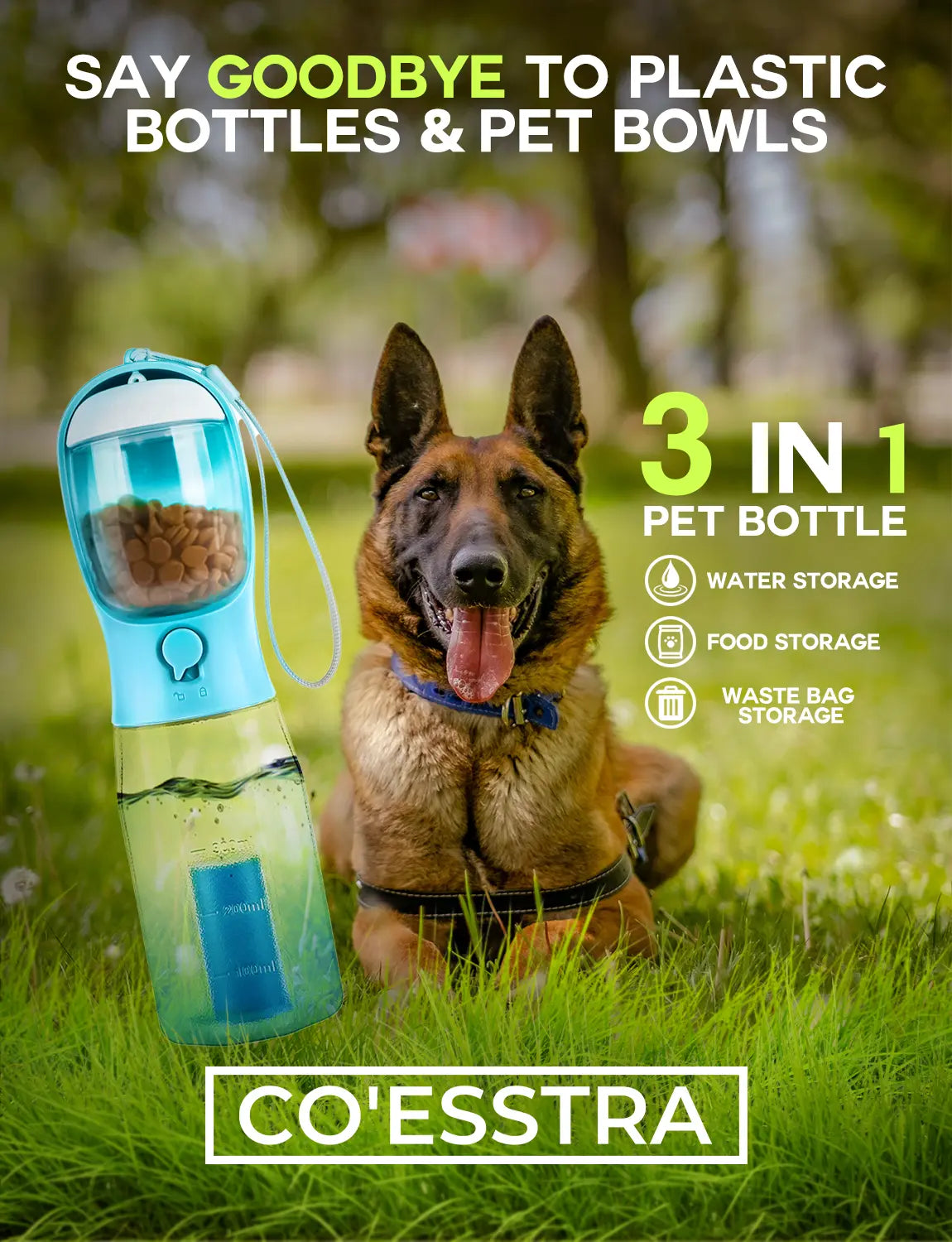 3-in-1 Portable Pet Water Bottle - 20 oz Leak-Proof Container with Integrated Poop Bag Dispenser for Travel, Hiking, and Outdoor Activities