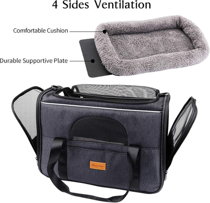 Portable Soft-Sided Cat Carrier Bag for Cats and Small Dogs, Airline Approved Travel Carrier with Shoulder Strap, Removable Mat, and Pet Bowl