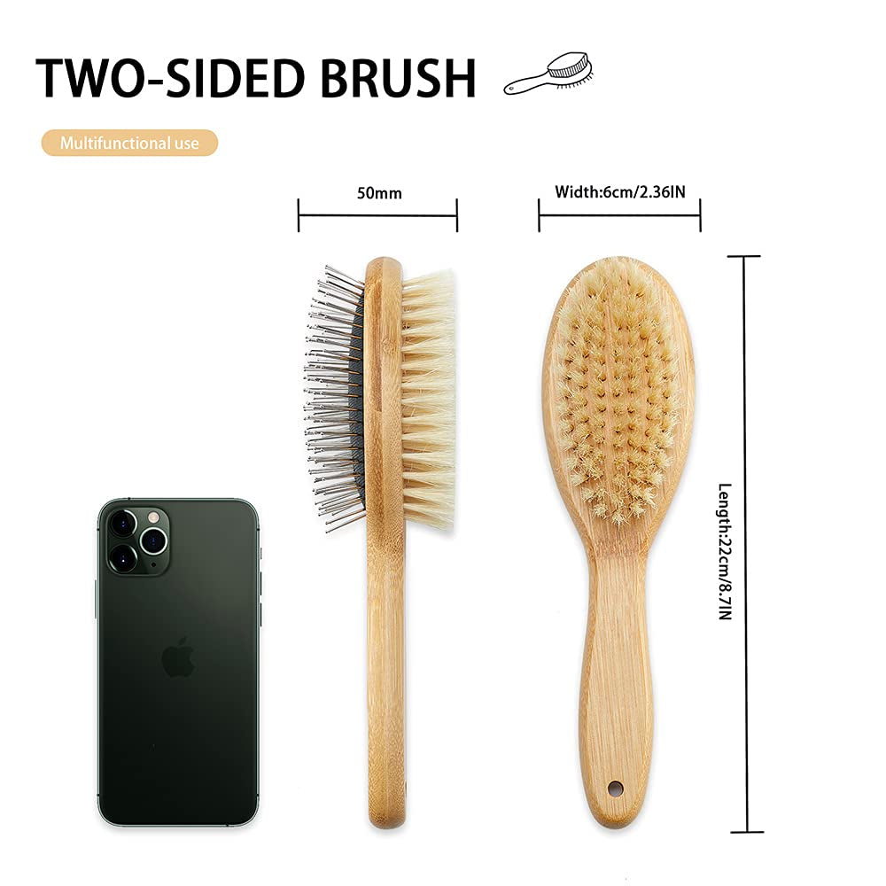 Double-Sided Bristle and Pin Pet Grooming Brush Set for Dogs and Cats, Featuring Real Boar Bristles and Bamboo Handle, Suitable for Long and Short Hair, 2-Pack