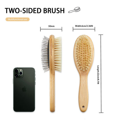 Double-Sided Bristle and Pin Pet Grooming Brush Set for Dogs and Cats, Featuring Real Boar Bristles and Bamboo Handle, Suitable for Long and Short Hair, 2-Pack