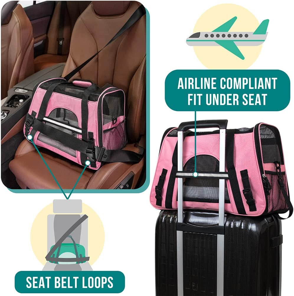 Airline-Approved Soft-Sided Pet Carrier for Cats and Small Dogs, Ventilated Travel Bag for Indoor Cats and Puppies, Large Pink Design