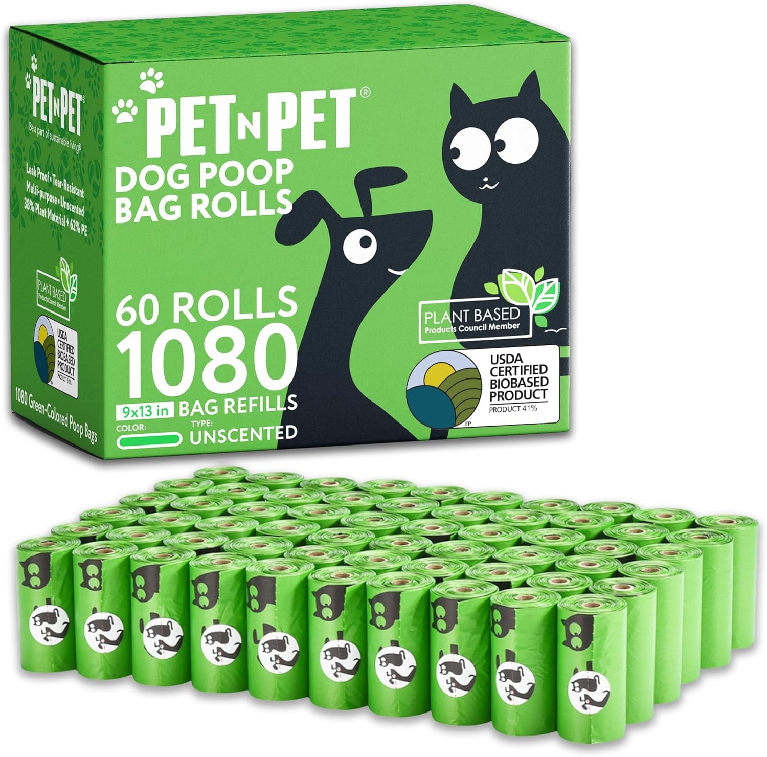 Eco-Friendly Dog Waste Bags, 41% Plant-Based, USDA Certified, Leak-Proof Refill Rolls for Dogs and Cats (1080 Count, Unscented, Green)