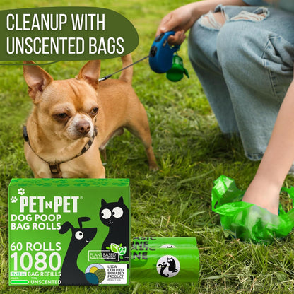 Eco-Friendly Dog Waste Bags, 41% Plant-Based, USDA Certified, Leak-Proof Refill Rolls for Dogs and Cats (1080 Count, Unscented, Green)