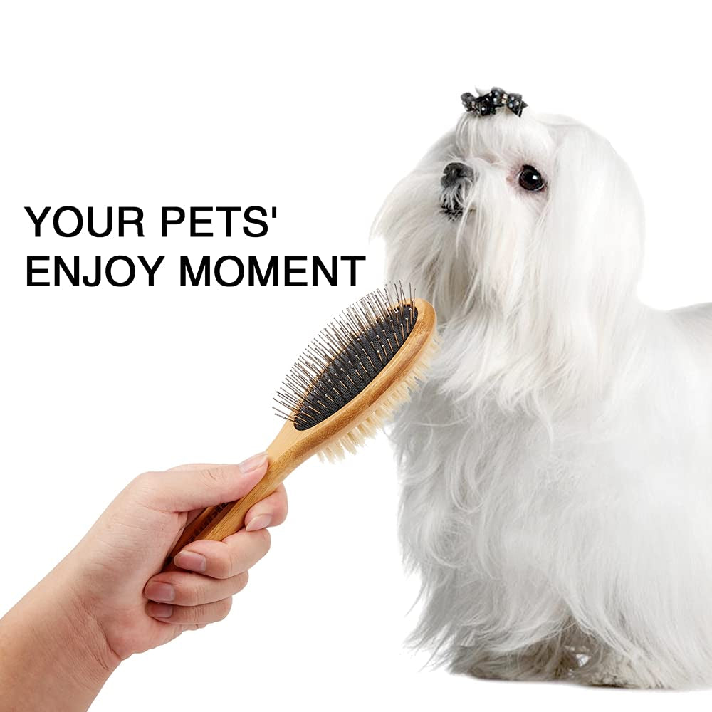 Double-Sided Bristle and Pin Pet Grooming Brush Set for Dogs and Cats, Featuring Real Boar Bristles and Bamboo Handle, Suitable for Long and Short Hair, 2-Pack