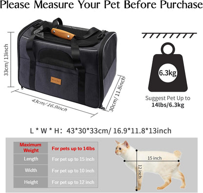 Portable Soft-Sided Cat Carrier Bag for Cats and Small Dogs, Airline Approved Travel Carrier with Shoulder Strap, Removable Mat, and Pet Bowl