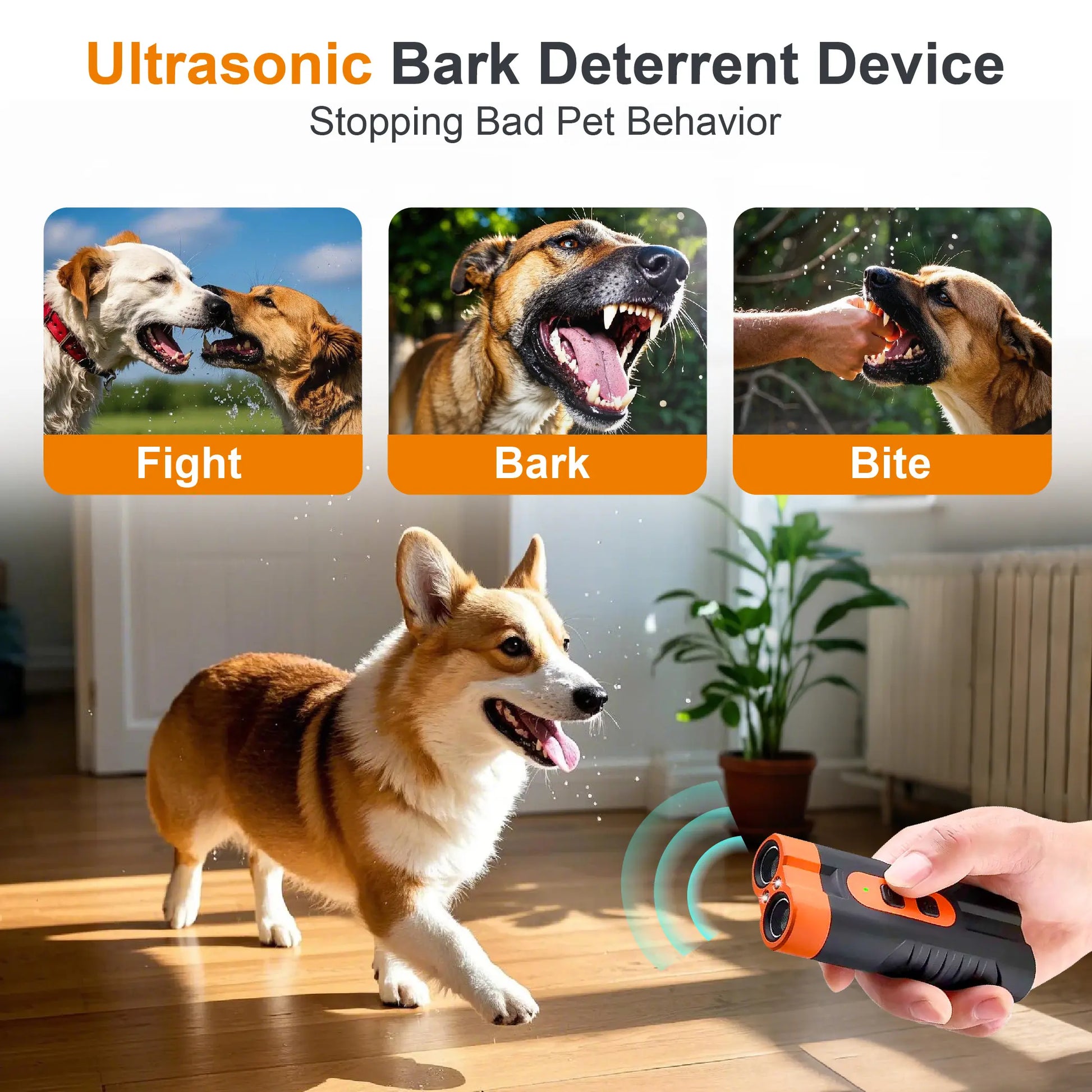 Ultrasonic Dog Bark Deterrent Training Device - Rechargeable, Dual Emitter, 50ft Range, 25kHz Frequency, Integrated Flashlight, Portable Design, Complete Kit for Indoor and Outdoor Canine Behavior Management