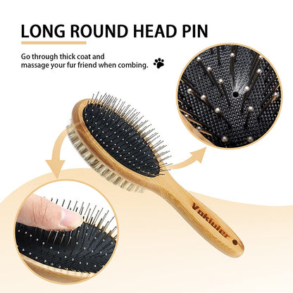 Double-Sided Bristle and Pin Pet Grooming Brush Set for Dogs and Cats, Featuring Real Boar Bristles and Bamboo Handle, Suitable for Long and Short Hair, 2-Pack