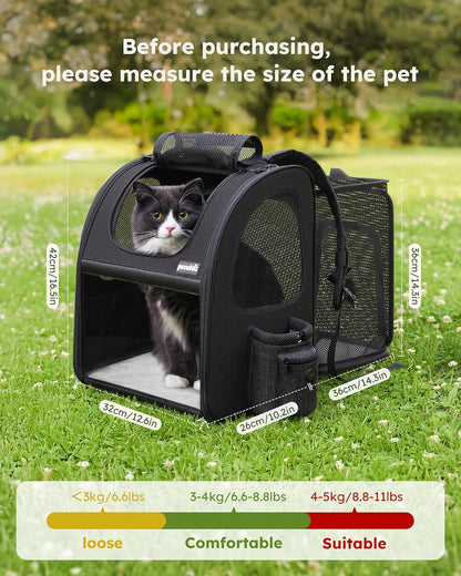 Expandable Pet Carrier Backpack - Portable and Breathable Rucksack with Mesh Opening, Visible Acrylic, Safety Belt, and Pockets for Enhanced Comfort and Space for Puppies and Cats (Black)