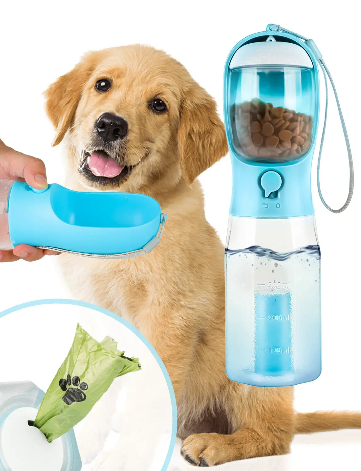 3-in-1 Portable Pet Water Bottle - 20 oz Leak-Proof Container with Integrated Poop Bag Dispenser for Travel, Hiking, and Outdoor Activities