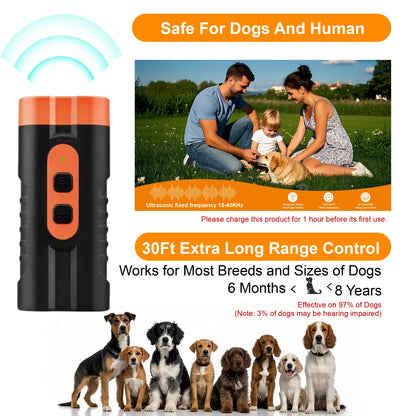 Ultrasonic Dog Bark Deterrent Training Device - Rechargeable, Dual Emitter, 50ft Range, 25kHz Frequency, Integrated Flashlight, Portable Design, Complete Kit for Indoor and Outdoor Canine Behavior Management