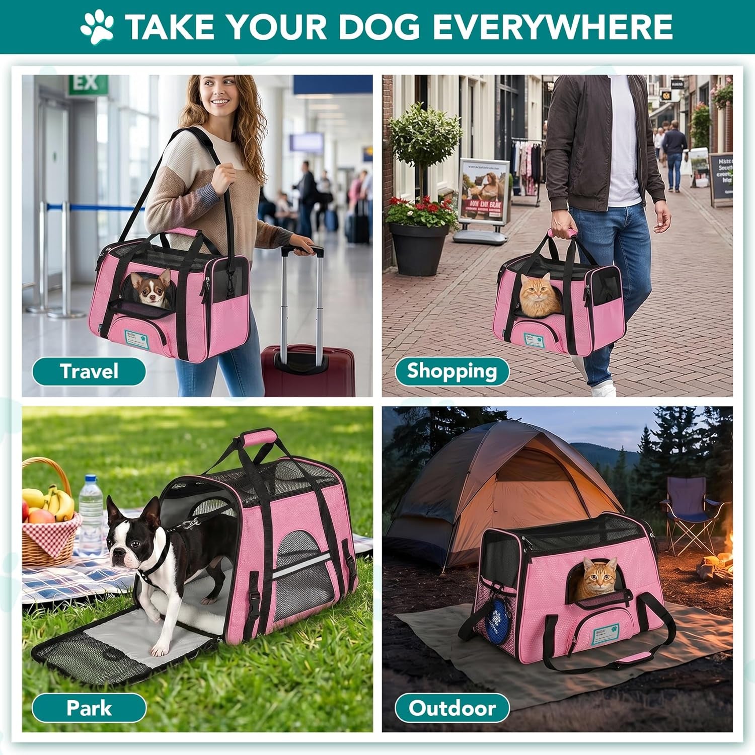 Airline-Approved Soft-Sided Pet Carrier for Cats and Small Dogs, Ventilated Travel Bag for Indoor Cats and Puppies, Large Pink Design