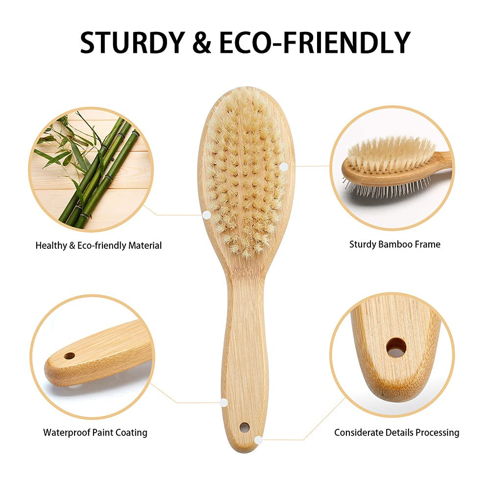 Double-Sided Bristle and Pin Pet Grooming Brush Set for Dogs and Cats, Featuring Real Boar Bristles and Bamboo Handle, Suitable for Long and Short Hair, 2-Pack