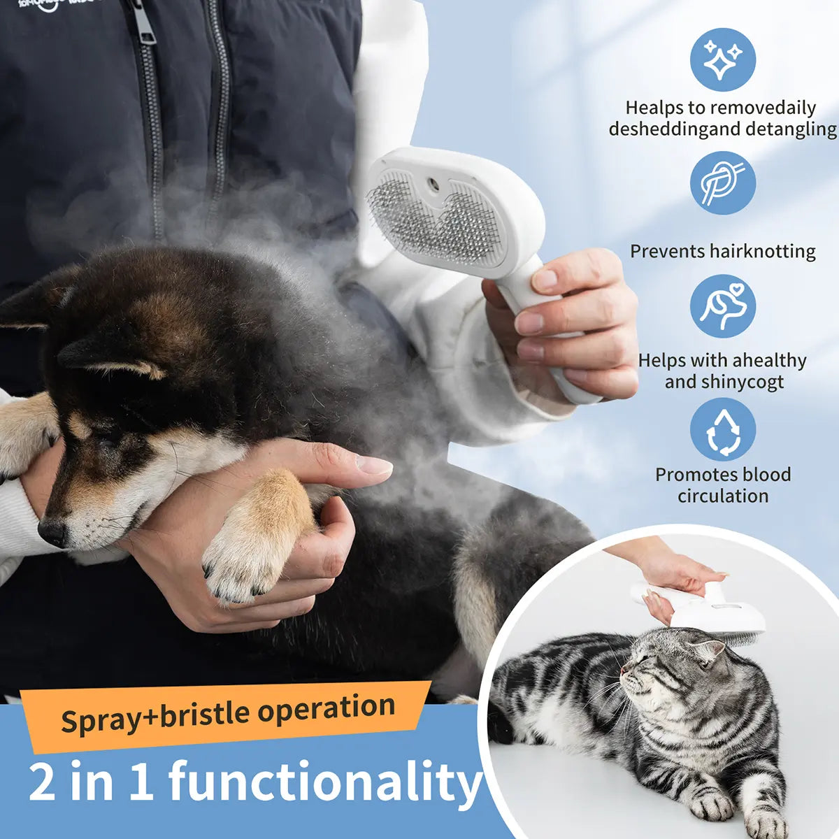 Catpick Pet Spray Hair Removal Comb with Odor Removal Function - Grooming Brush for Cats and Dogs