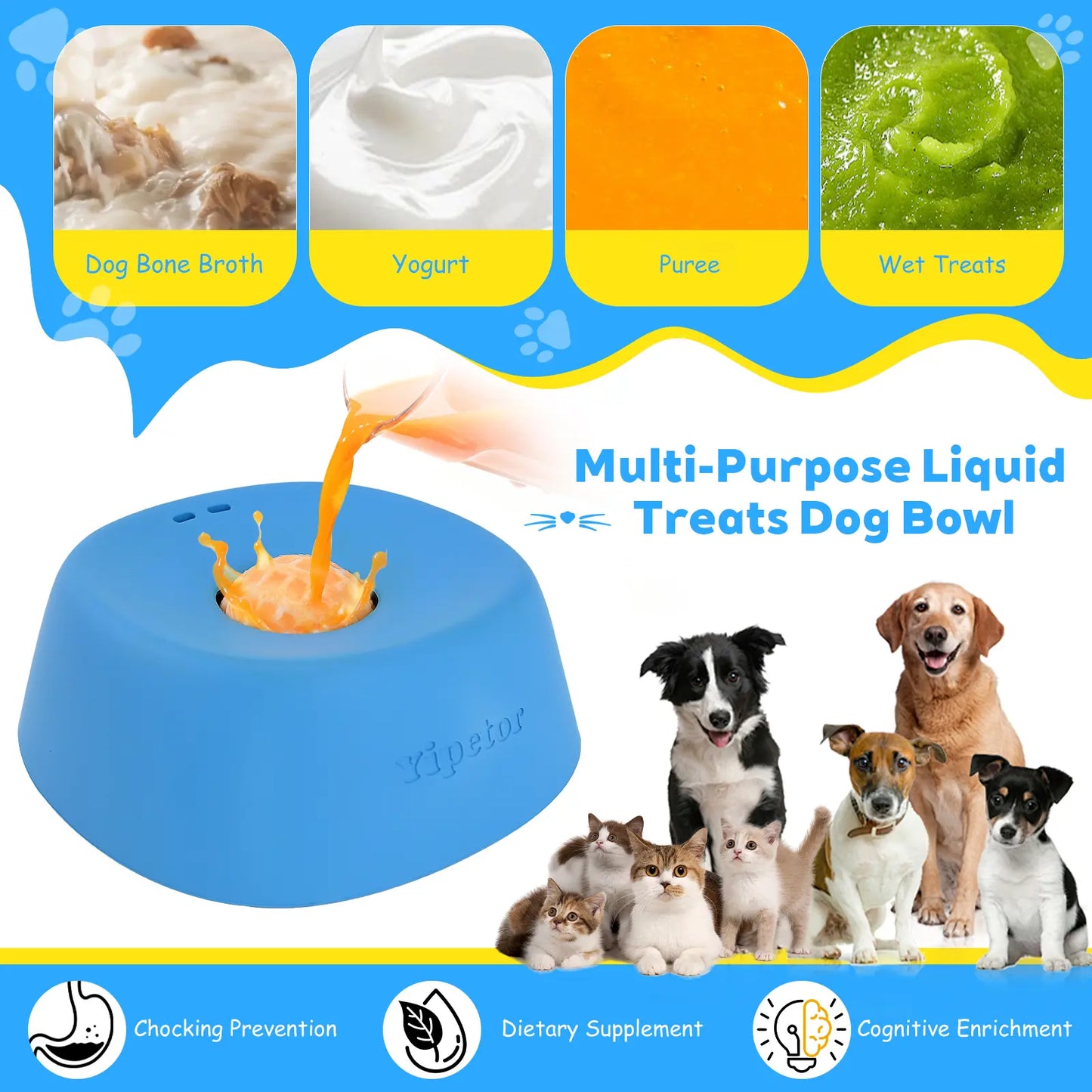 Yipetor Slow Feeder Dog Bowl with Built-In Rolling Ball for Liquid Treats - No Spill Bone Broth and Multi-Purpose Puppy Yogurt Feeder for All Breeds Dietary Supplement and Post-Op Nutrition
