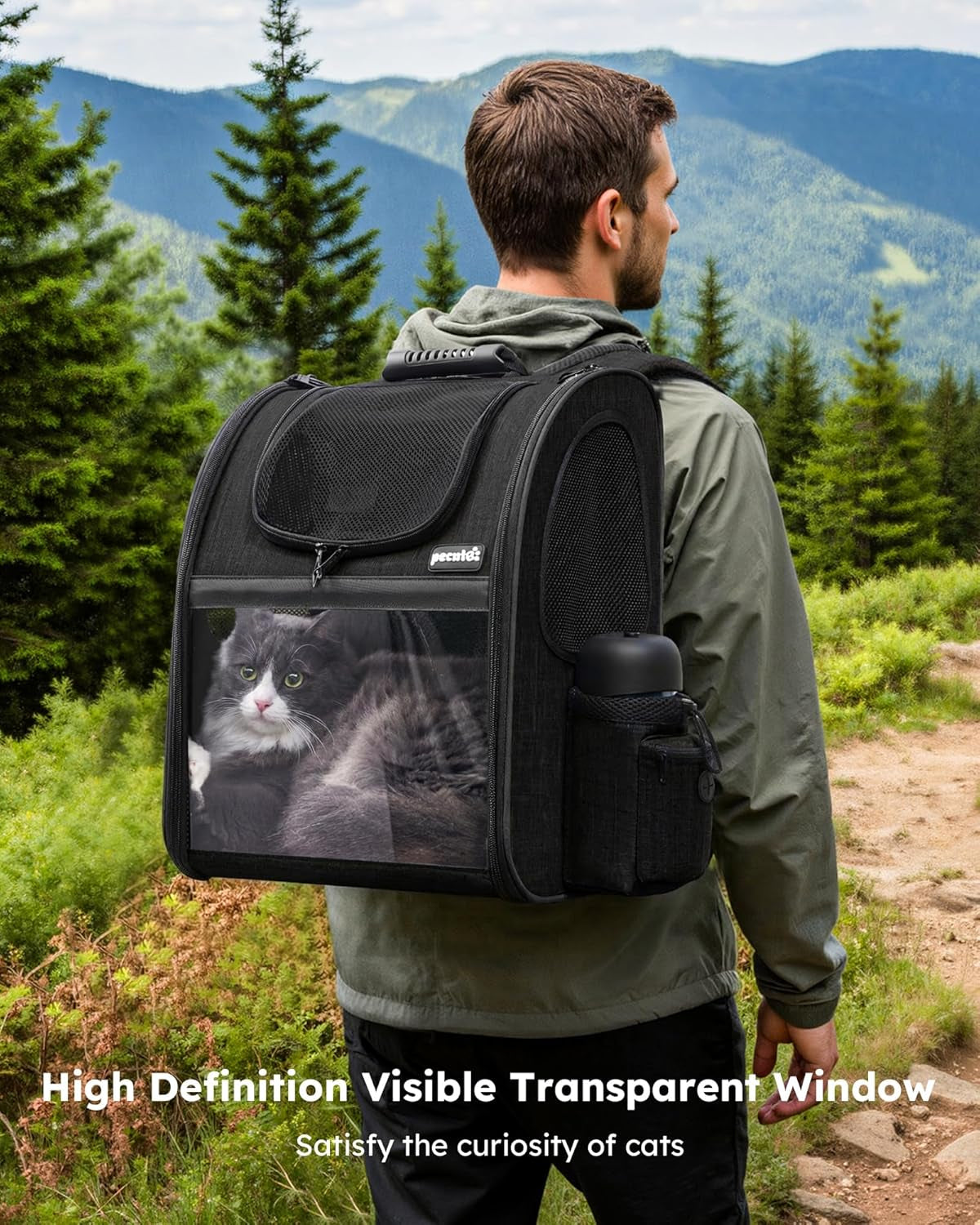 Expandable Pet Carrier Backpack - Portable and Breathable Rucksack with Mesh Opening, Visible Acrylic, Safety Belt, and Pockets for Enhanced Comfort and Space for Puppies and Cats (Black)