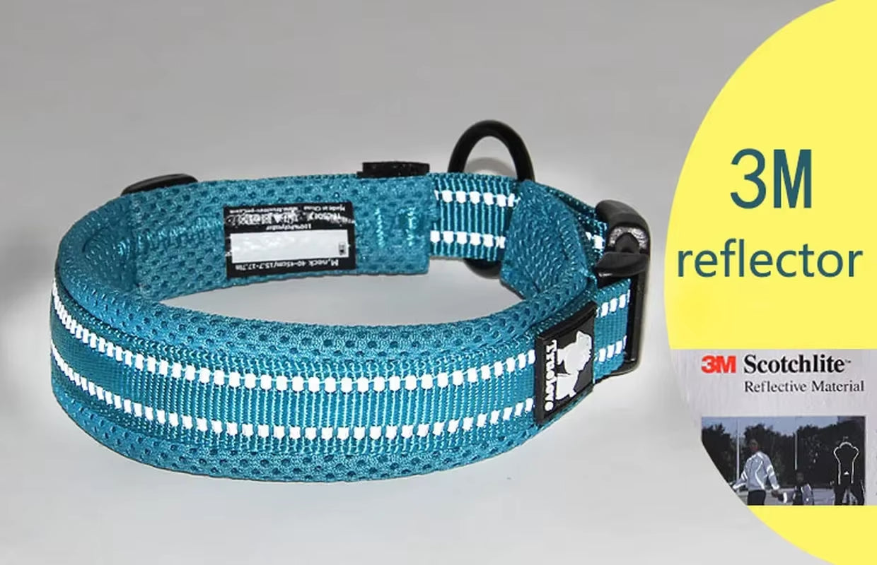 Adjustable Mesh Padded Reflective Nylon Dog Collar - Durable Heavy Duty Design for All Breeds and Weather Conditions, Available in 8 Sizes
