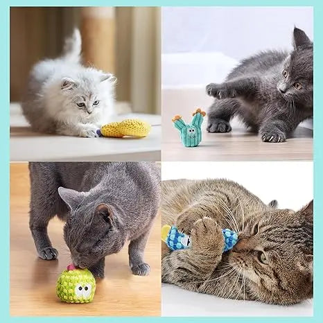 Pawsible 5-Pack Colorful Cactus Cat Toy Set with 100% Premium Herb Filling for Natural Stimulation, Ideal Soft Teething Toys for Kittens