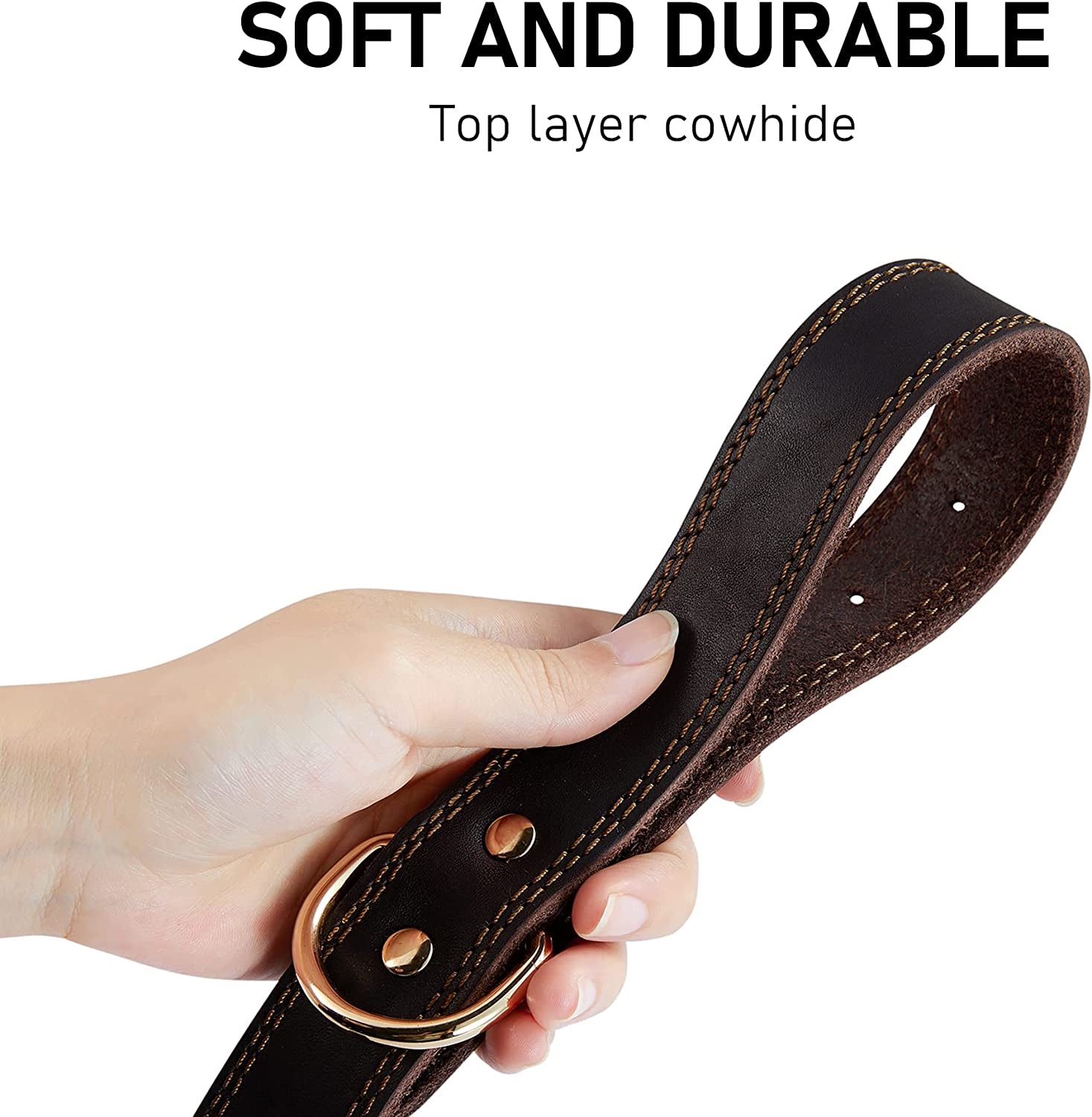 Heavy-Duty Leather Dog Collar for Small to Extra Large Dogs - 1" Wide, Dual Stitch Design, Brown (Medium: 15.2"-19.2" Neck Size)